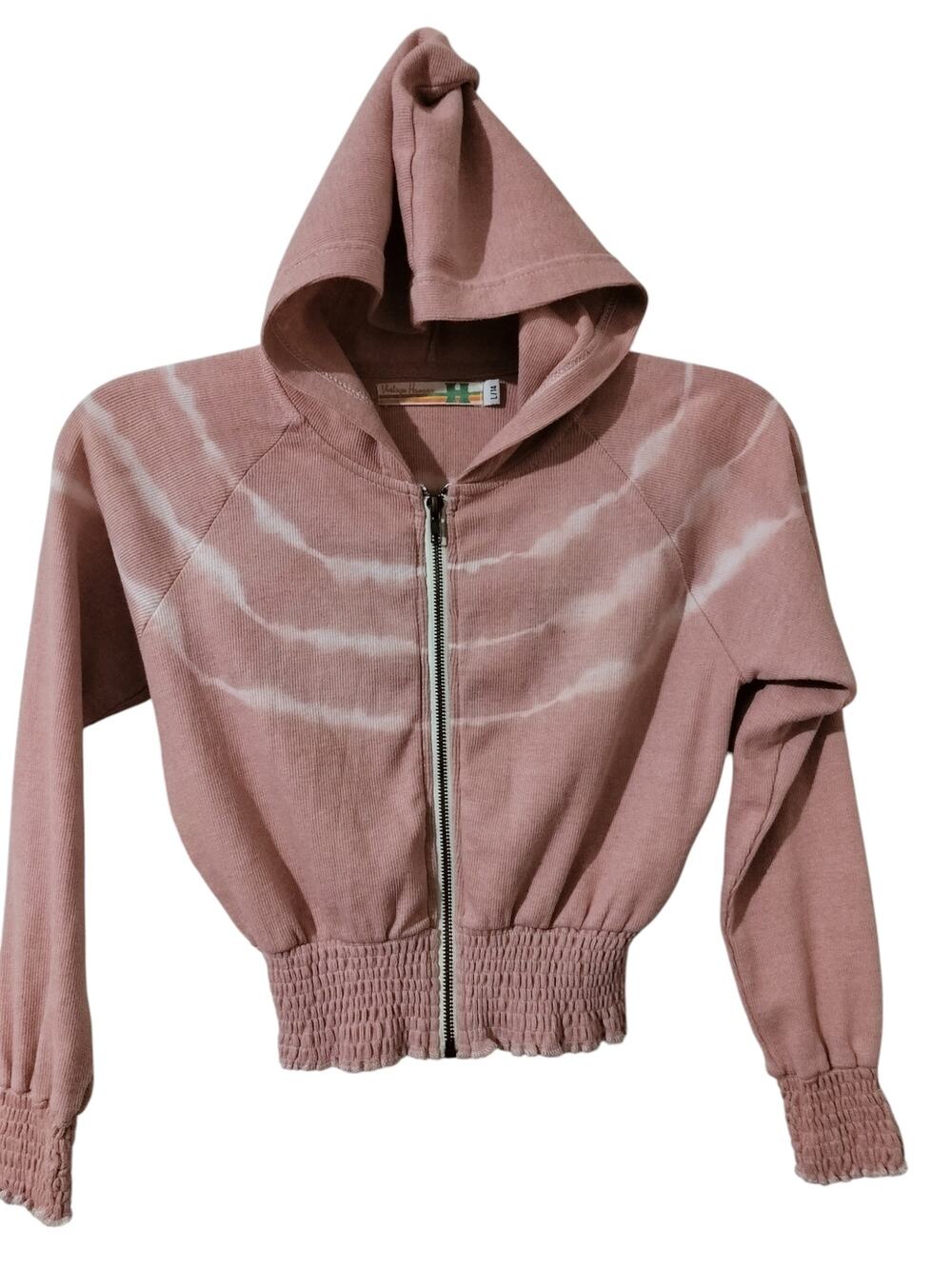 5852)Vintage Havanna Girl Mauve Pink Tie Die Stripe Zip Up Knit Crop Hoodie L(14